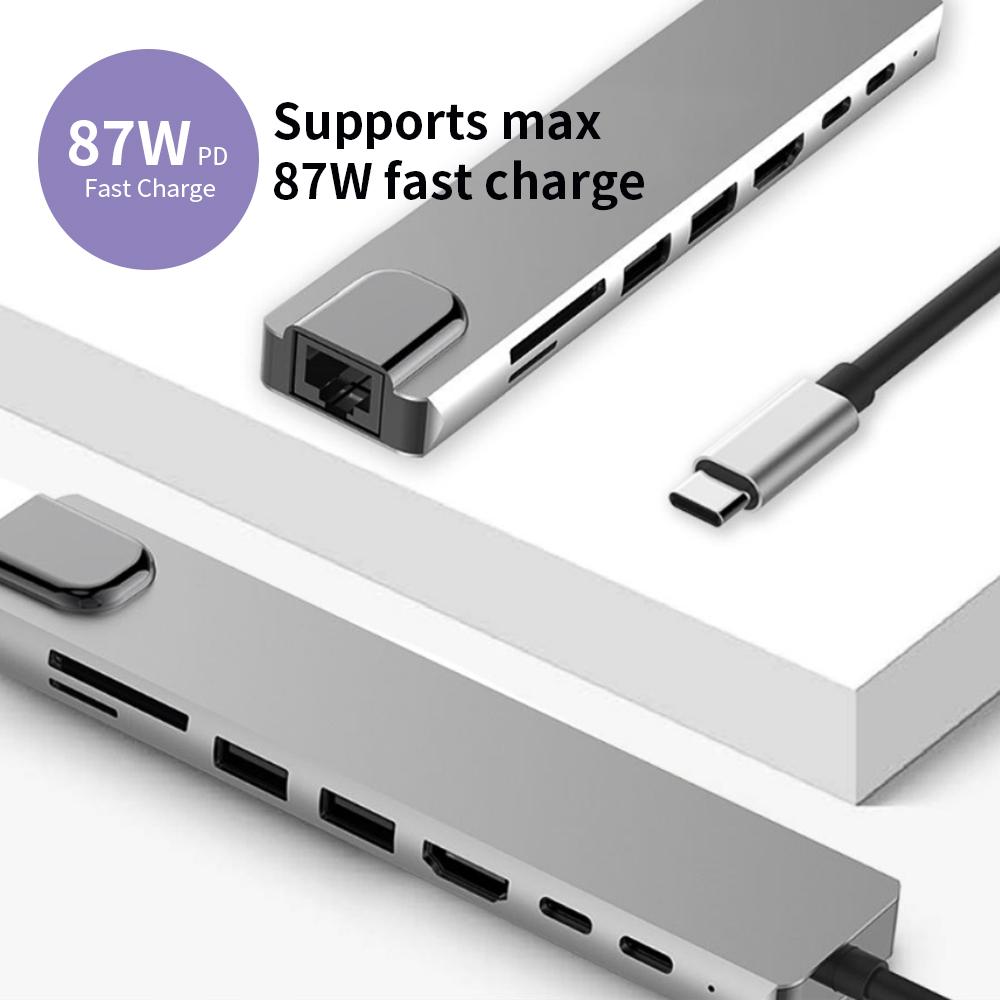 Bộ chuyển đổi đế cắm cho máy tính xách tay đa chức năng 8IN1 USB-C Type-C sang PD + USB * 2 + HDTV + Type-C + SD + TF + RJ45 87W Adapter