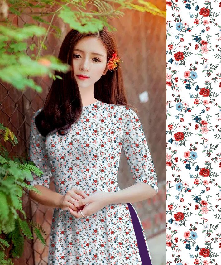 Áo dài truyền thống in hoa nhí  cổ tròn cao cấp - KHÔNG KÈM QUẦN