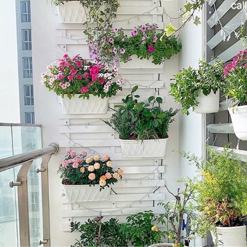 Chậu Nhựa Ốp Tường Giả Sứ Cao Cấp, Có Nút Bịt Giữ Nước hoặc Thoát Nước Tiện Lợi - Chậu Hoa Ốp Tường Trồng Cây - Chậu Cây Ốp Tường Màu Trắng Có Vân Hoa Văn Sang Trọng