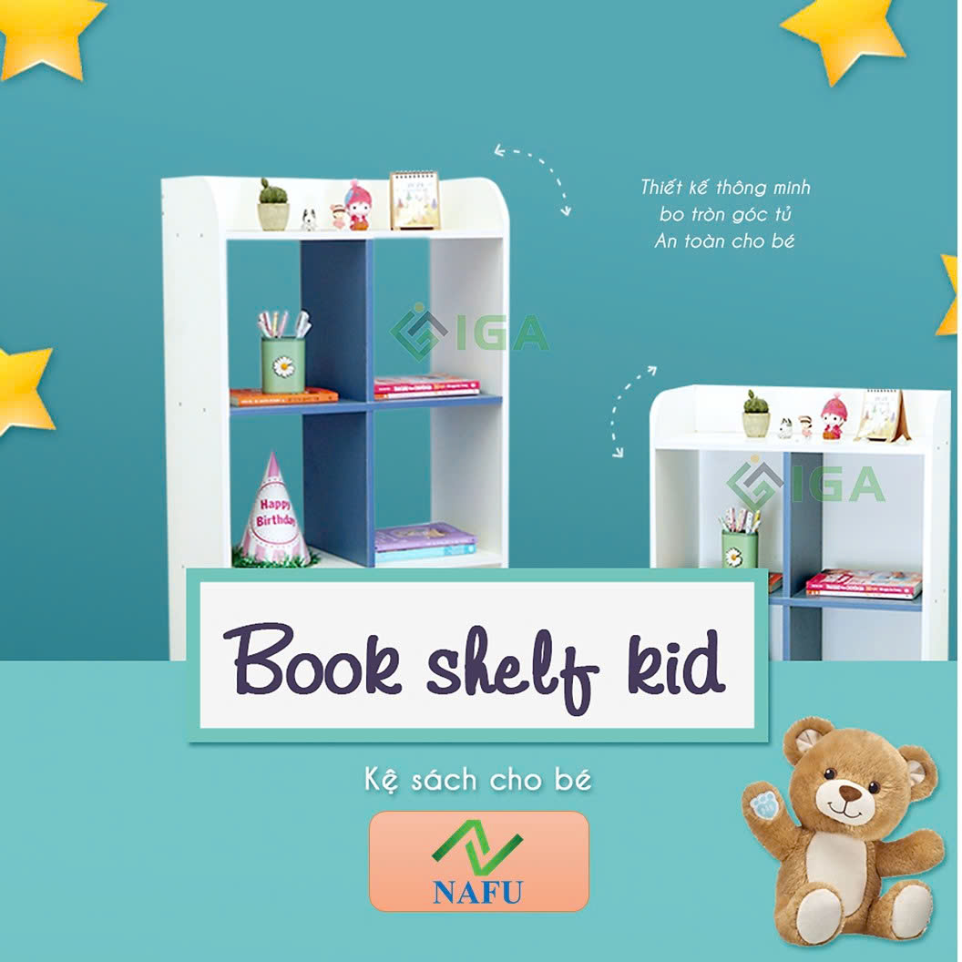 Kệ Sách, Tủ Sách Cho Bé Dễ Thương Tông Màu Trắng Xanh Tươi Sáng  GP139