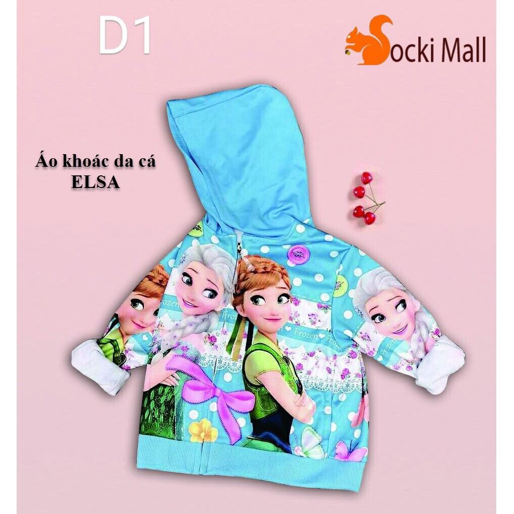 Áo khoác giữ ấm có nón, chất da cá mặc ấm cho bé gái, in 3D công chúa ELSA sặc sỡ .