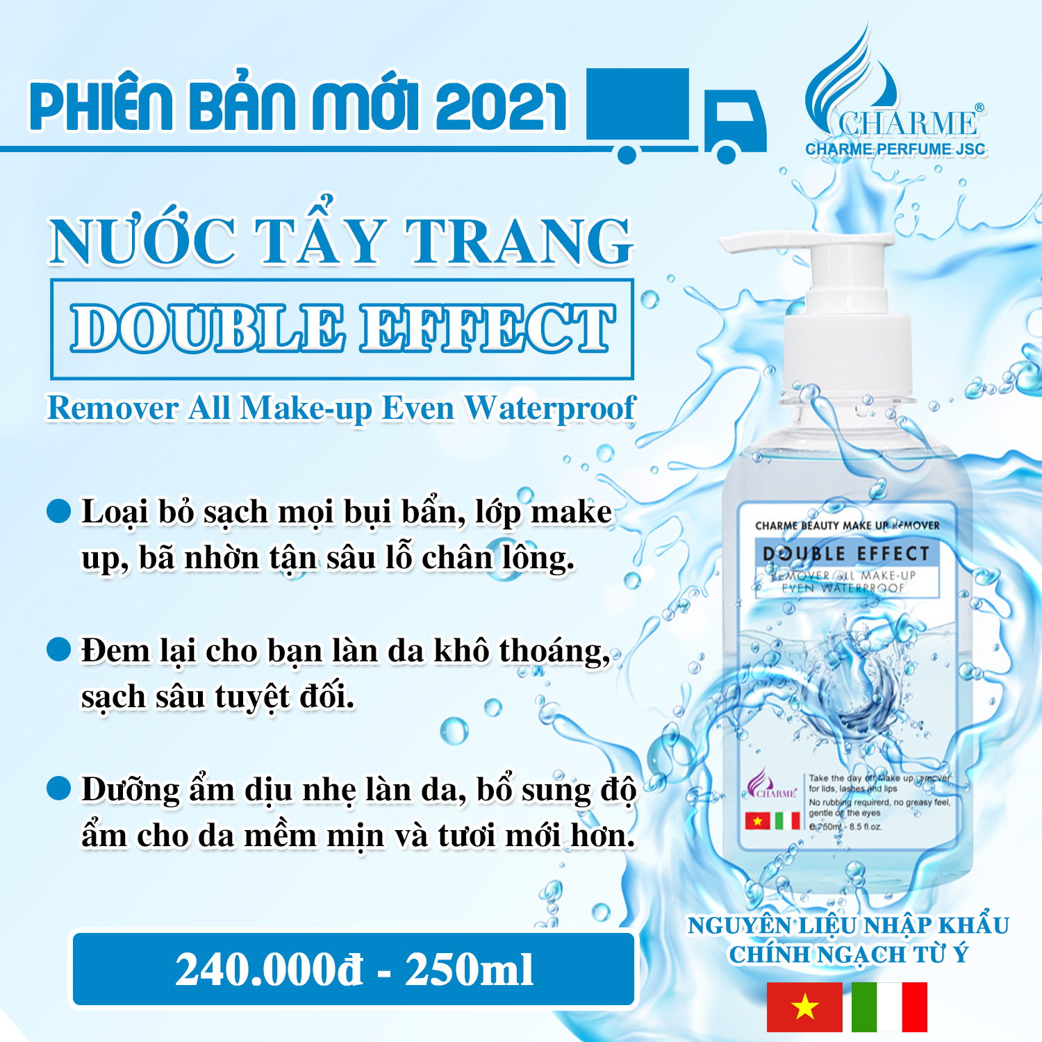 Nước Tẩy Trang CHARME Hoạt Tính Dưỡng Ẩm Chuyên Sâu Làm Sạch Bụi Bẩn Phù Hợp Mọi Loại Da 250ml