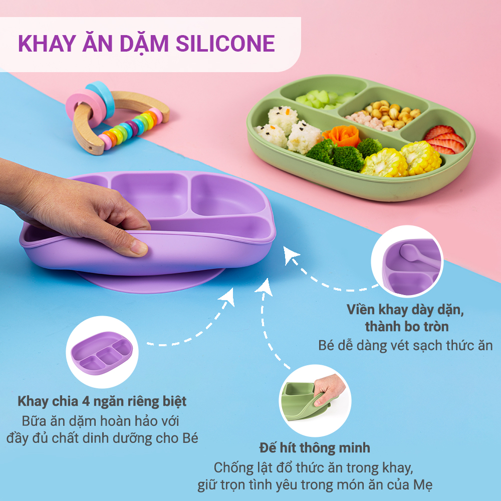 Bộ Ăn Dặm Cho Bé Thương Hiệu Mama's Choice, Combo Ăn Dặm Bát-Khay-Yếm-Thìa-Cốc Silicone Cao Cấp