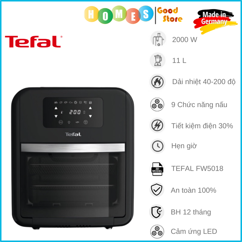 Nồi Chiên Không Dầu Kiêm Lò Nướng TEFAL FW5018 Easy Fry Over &amp; Grill 9-IN-1, Nhập Khẩu Đức Dung Tích 11L, 9 Chức Năng Công Suất 2000W - Hàng Nhập Khẩu