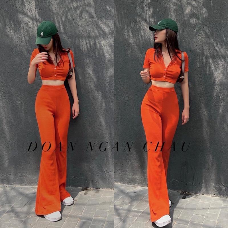 Set Đồ Nữ Bộ Thun Quần Loe Thể Thao Chất Cotton Áo Croptop byChang