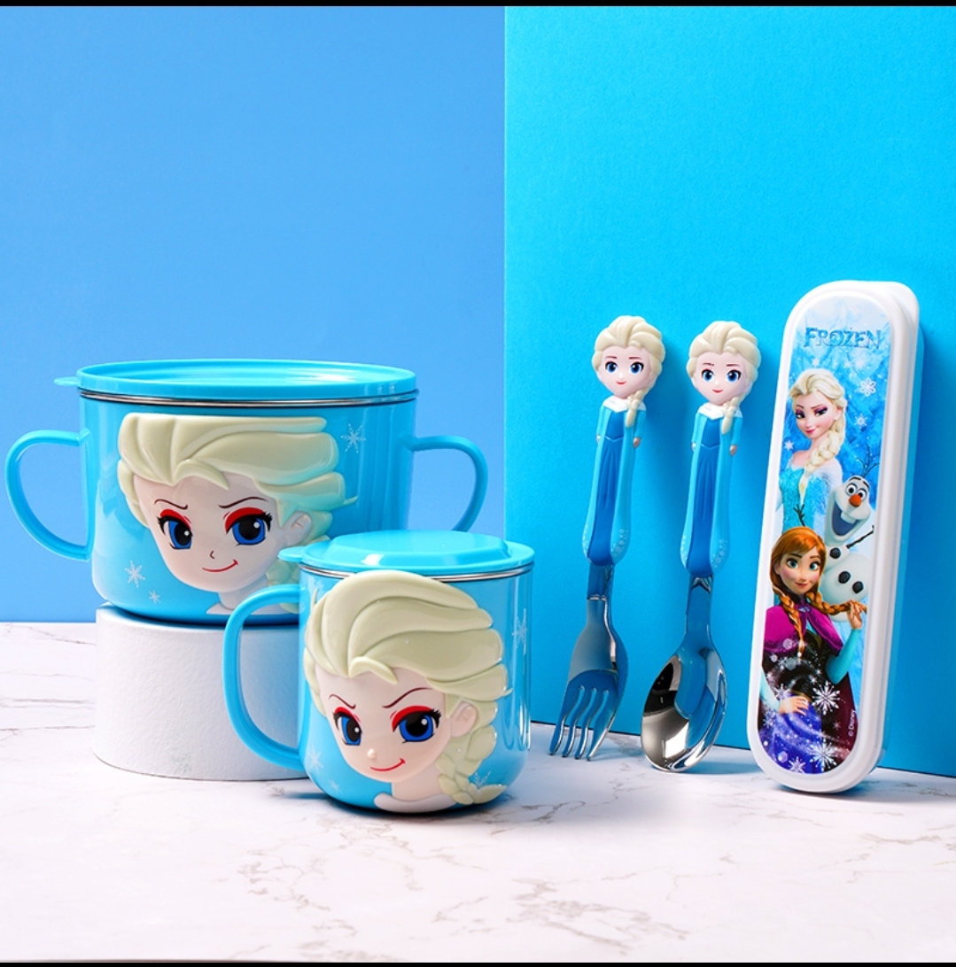 Set 5 món tô muỗng nĩa hộp ly giữ nhiệt inox Disney Frozen cho trẻ em