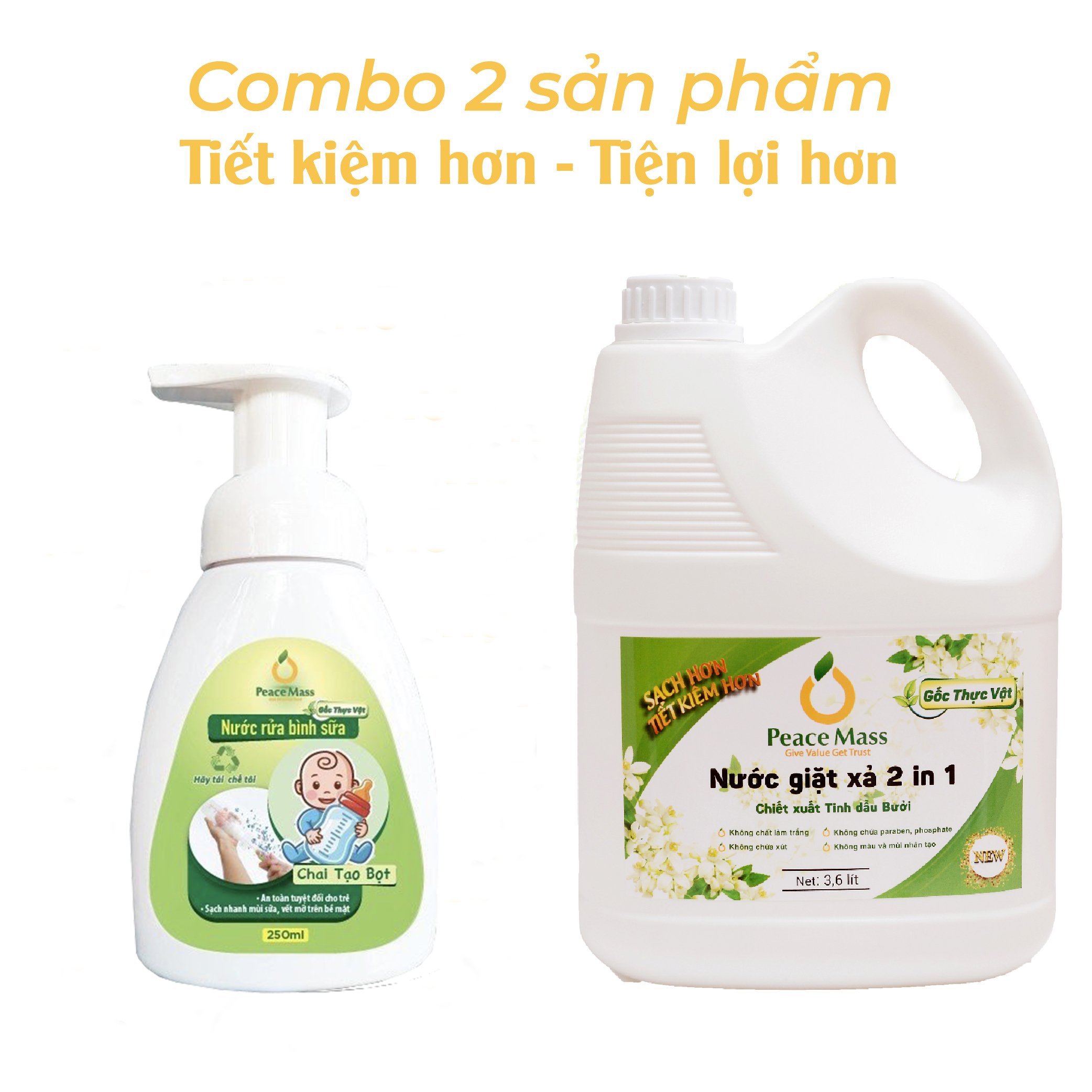 RBSC6 Combo Sản Phẩm Gốc Thực Vật Peace Mass Nước Rửa Bình Sữa 250ml (Chai tạo bọt) + Nước Giặt Xả 3.6 lít