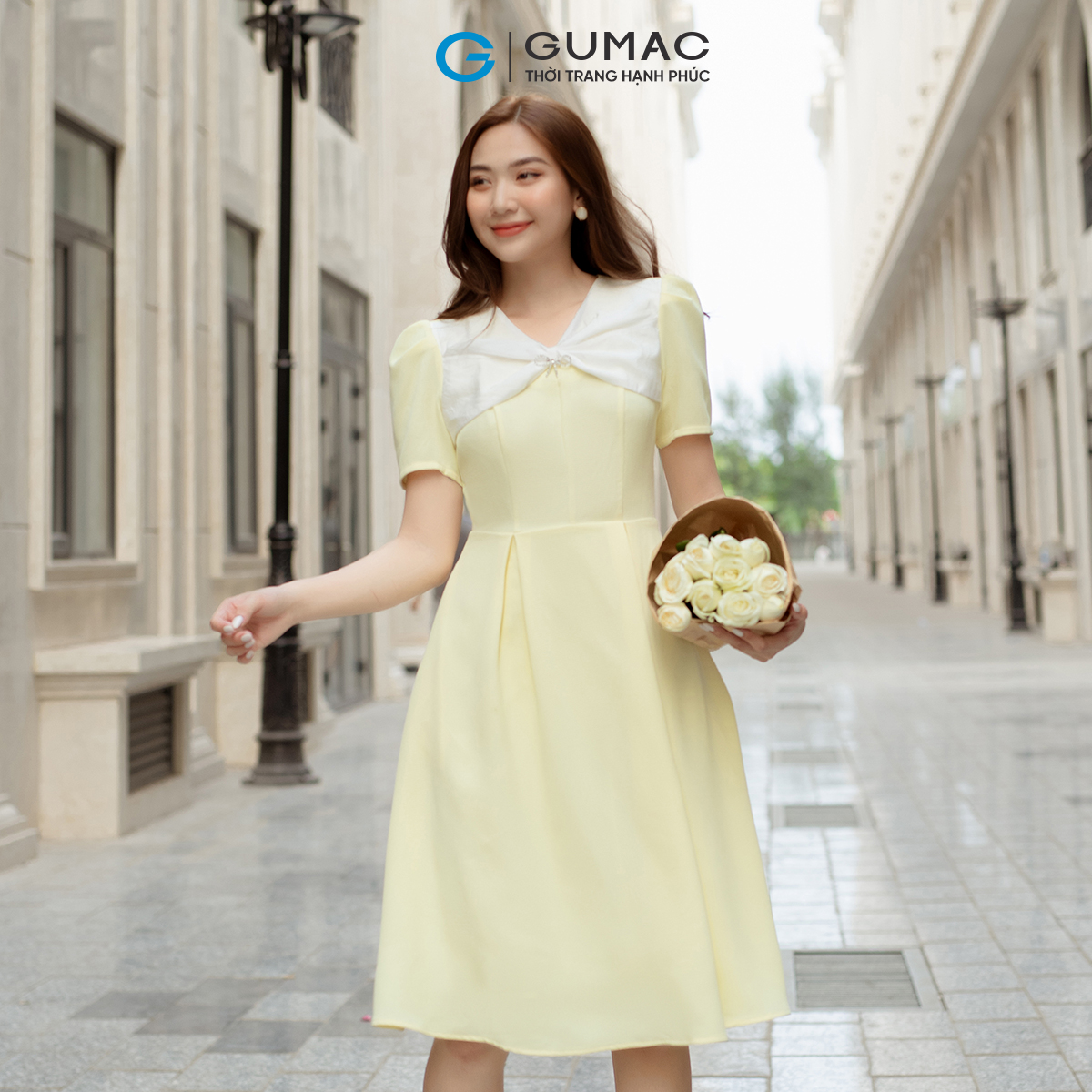 Đầm A cổ phối nơ GUMAC DD05084