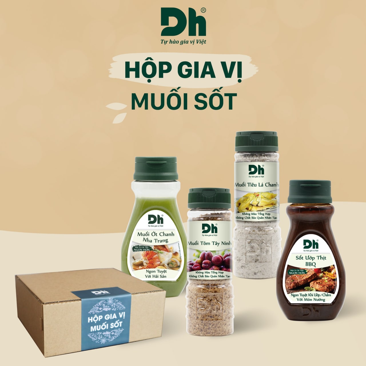 Hộp Gia Vị Muối Sốt Dh Foods (Muối Tôm Tây Ninh, Muối Tiêu Lá Chanh, Muối Ớt Chanh Nha Trang, Sốt Ướp Thịt BBQ)