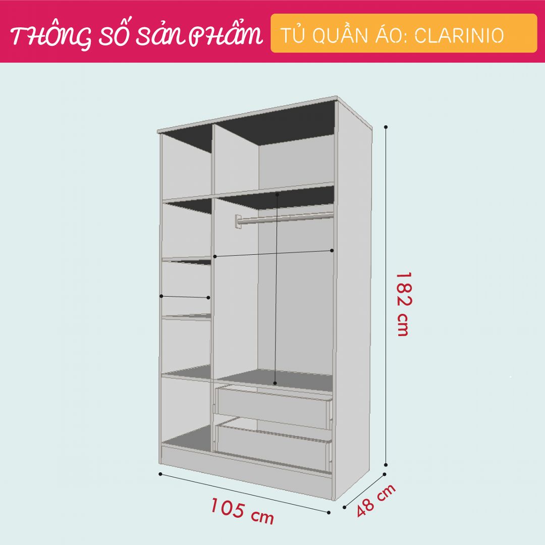 Tủ quần áo gỗ hiện đại SMLIFE Clarinio | Gỗ MDF dày 17mm chống ẩm | D105xR48xC182cm