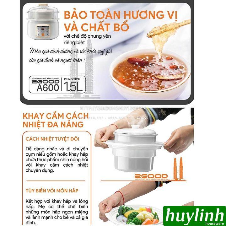 Nồi hầm chậm, chưng yến, nấu cách thuỷ 2Good A600 - 1.5 lít - 2 tầng - Tặng kèm sách hướng dẫn nấu ăn dặm - Hàng chính hãng