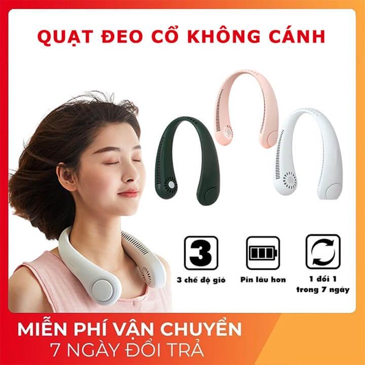 Quạt Đeo Quàng Cổ Tích Điện Mini Không Cánh Dung Lượng Pin Lớn, 3 Chế Độ Gió Mạnh Pin Sạc