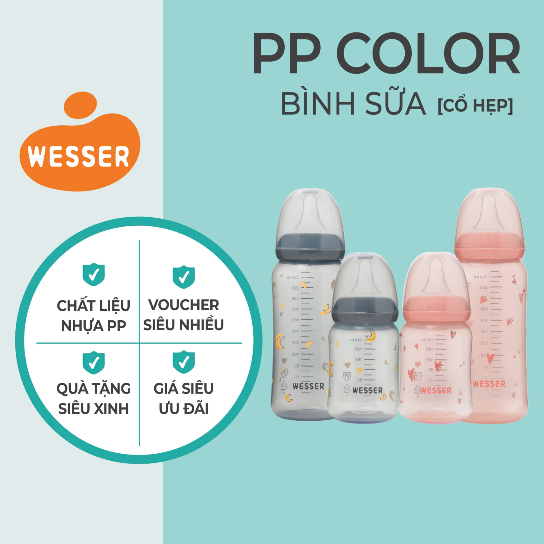 Bình sữa Cổ Hẹp PP Color Wesser 140ml/250ml