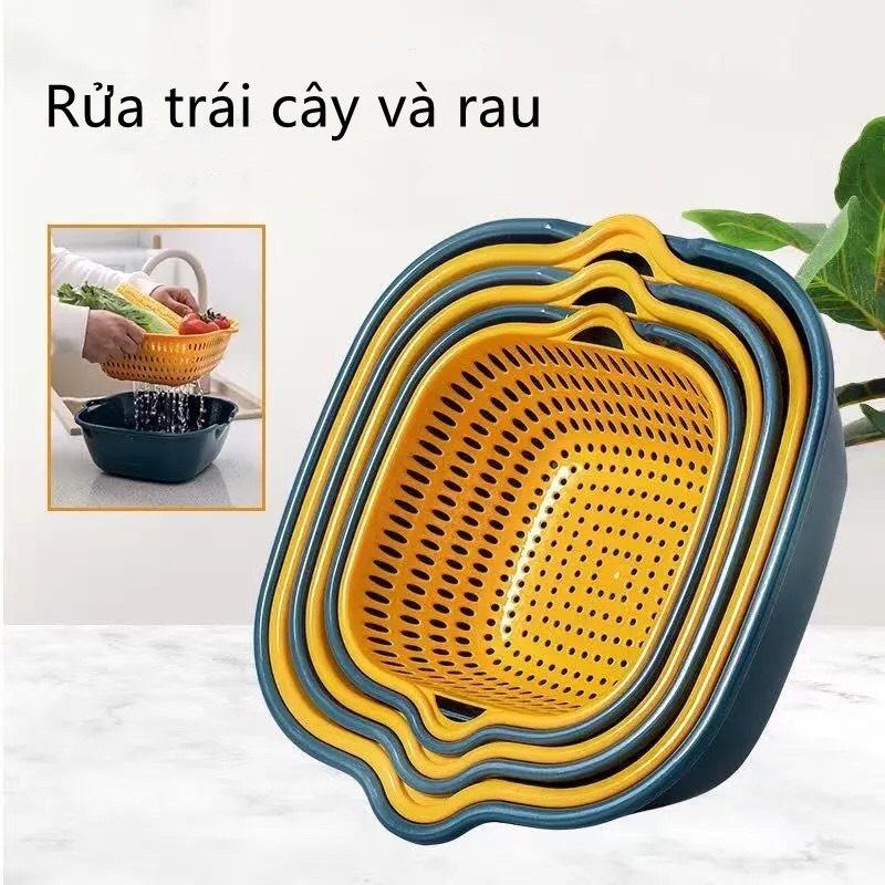 Set 6 món rổ kèm chậu bộ 3 rổ và chậu, thau nhựa rửa rau củ đựng hoa quả trái cây 2 lớp hình tròn chất liệu nhựa PP