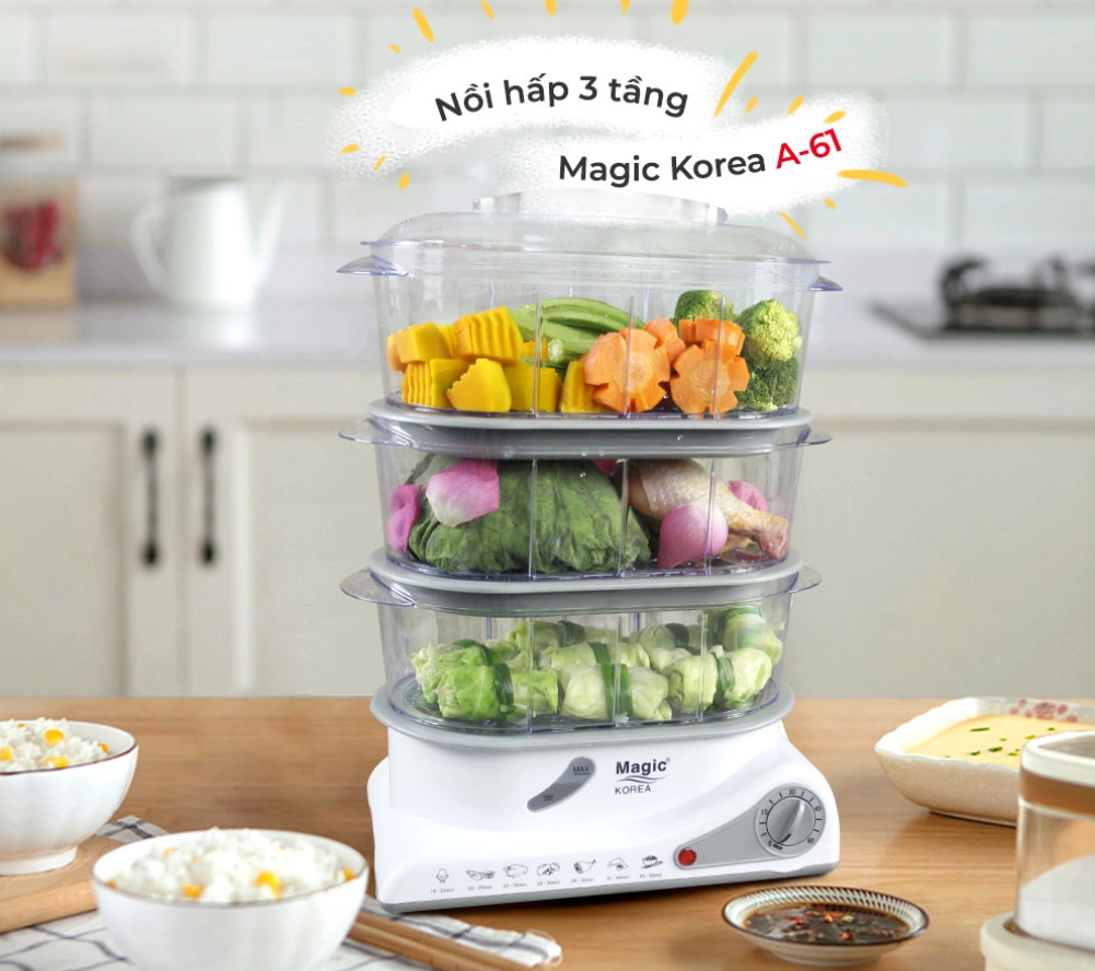 Máy Hấp Thực Phẩm, Thức Ăn MAGIC KOREA  A-61 3 Tầng Dung Tích 10L Công Suất 850W - Hàng Chính Hãng