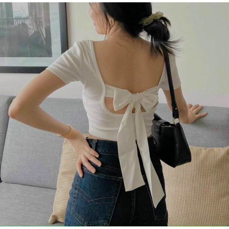 Áo hở lưng croptop tay ngắn buộc nơ có mút ngực kx