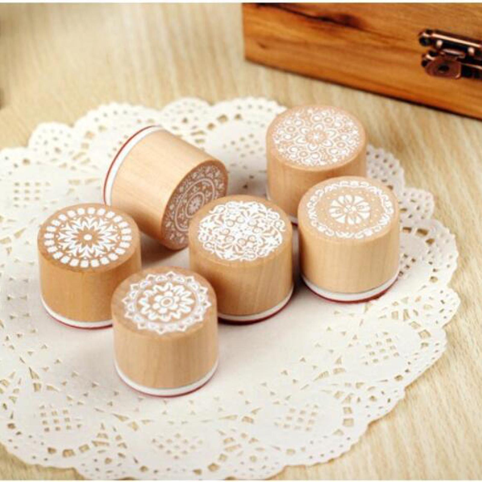 6Pcs Wooden Stamp Decorative Stamp English Rubber Stamp Set Circular Wooden Rubber Stamp Durable for Card Making Wooden Retro Pattern Stamp