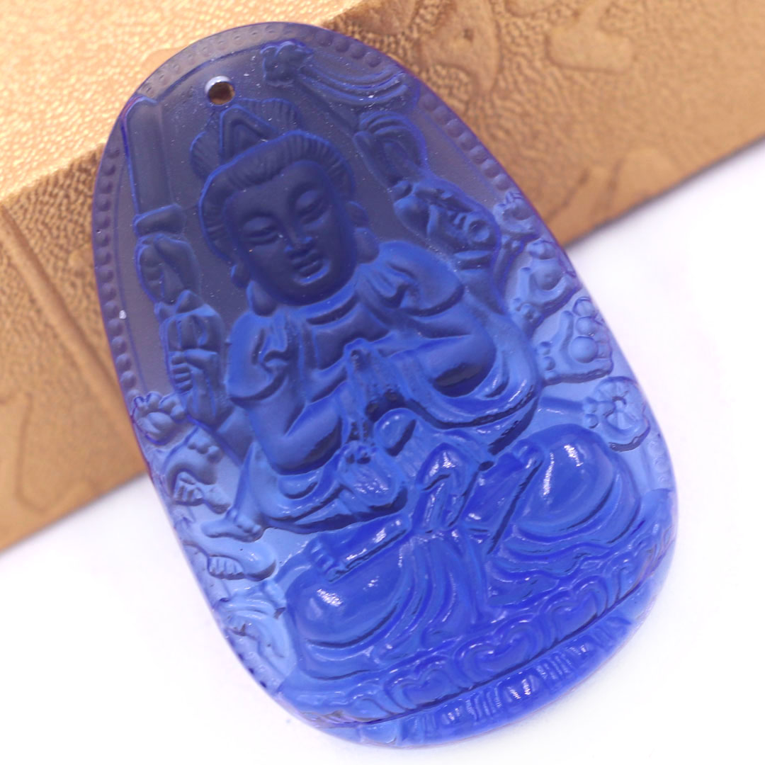 Mặt Phật Thiên thủ thiên nhãn thuỷ tinh xanh dương 3.6 cm kèm móc và vòng cổ dây cao su đen, Mặt Phật bản mệnh, Quan âm nghìn tay nghìn mắt