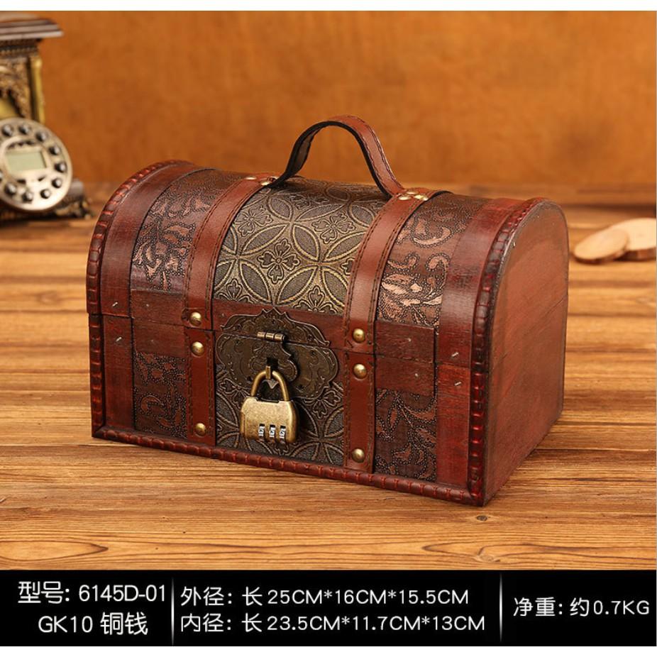 Hộp gỗ to hoa văn Ai Cập đựng đồ trang điểm, tư trang phong cách Vintage