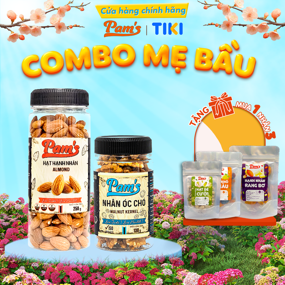 Combo Mẹ Bầu - Hạnh Nhân Mỹ + Nhân Óc Chó Chile Pam's - Rang Chín Béo Bùi, Ngọt Ngào