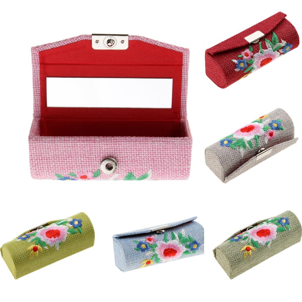 Lipstick Holder Case, Makeup Cosmetic Storage Lipstick Lip Gloss Box Organizer, Embroidered Flax Portable