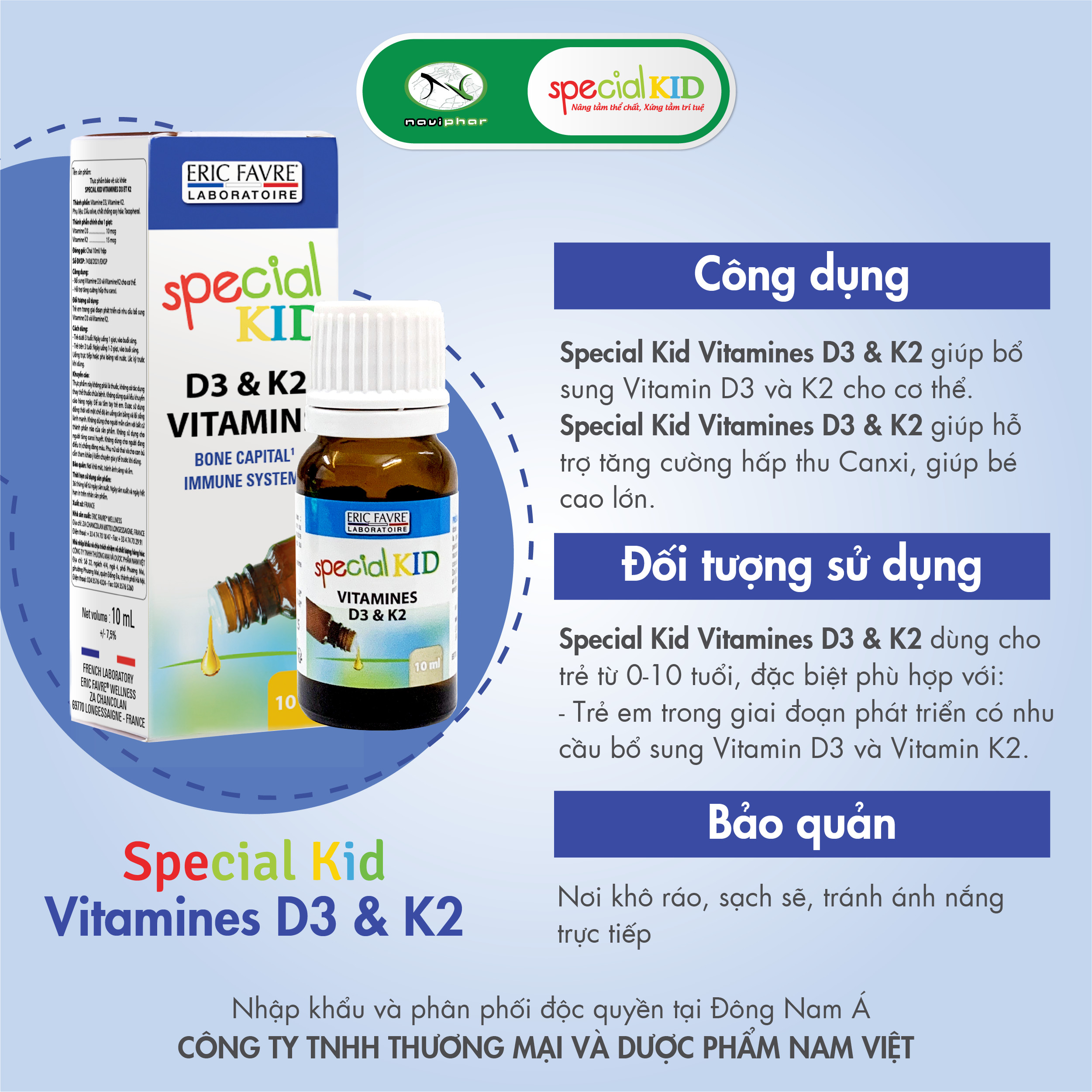 TPBVSK Special Kid Vitamines D3 et K2 - Tinh dầu bổ sung Vitamin D3 và Vitamin K2, hỗ trợ tăng cường hấp thu canxi (10ml) [Nhập khẩu Pháp]