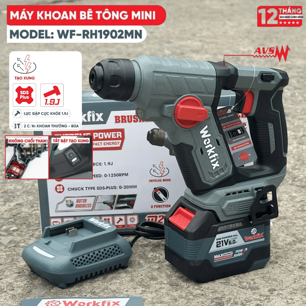 Máy Khoan Bê Tông Mini Wokfix WF-RH 1902MN Có Tạo Xung – Không Chổi Than – Lực Đập 1.9J Trọng Lượng Nhẹ