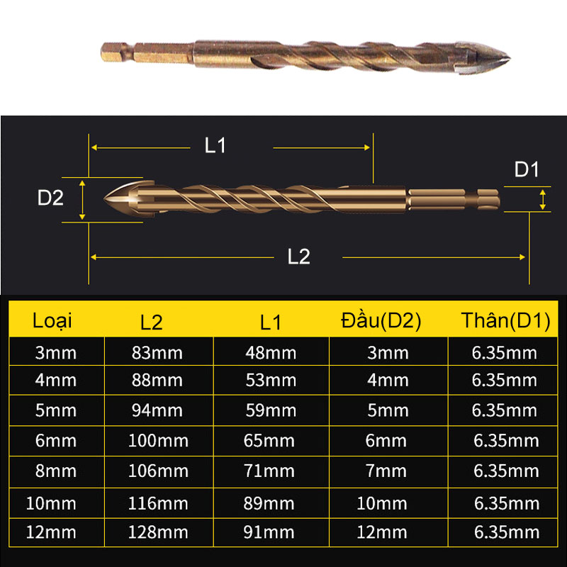Mũi khoan chữ thập YG6X khoan gạch men, đá, bê tông, kính, nhôm, tấm sắt, gỗ đa năng