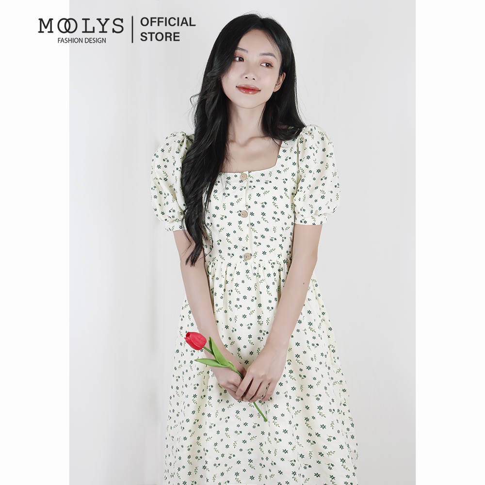 Đầm dài hoa nhí cổ vuông tay phồng dễ thương Moolys MD005