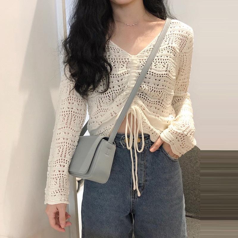 Áo khoác len lưới nữ dáng rộng tay dài kiểu cổ V dệt kim đi biển thời trang thiết kế Quảng Châu trẻ trung