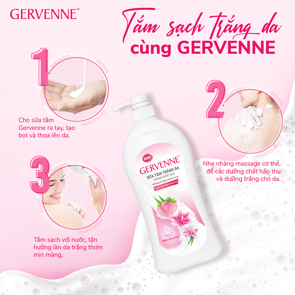 Combo 2 Sữa tắm trắng da hương nước hoa Gervenne Dâu Tây Bạch Tuyết và Lily Hồng 450g/chai