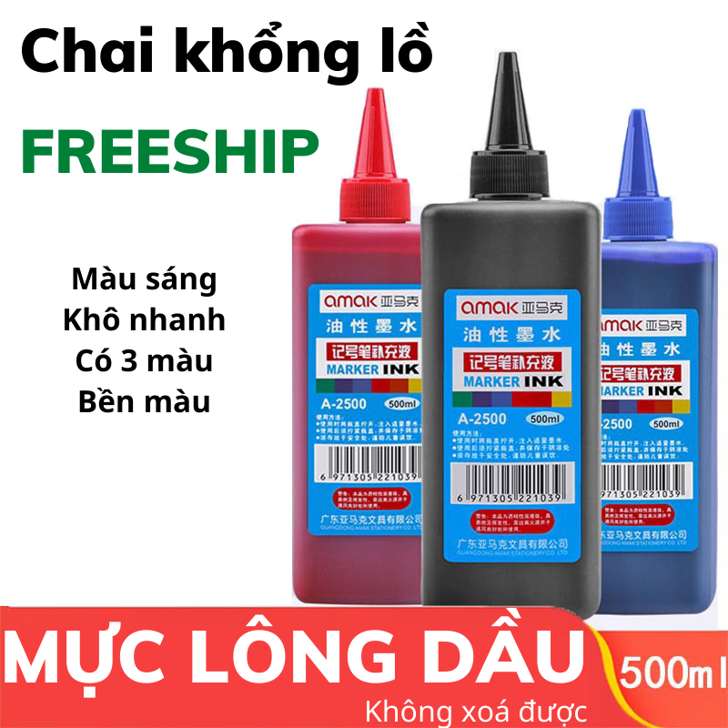 Mực Đổ Bút Lông Dầu Không Xoá Được Chai Lớn 500ml