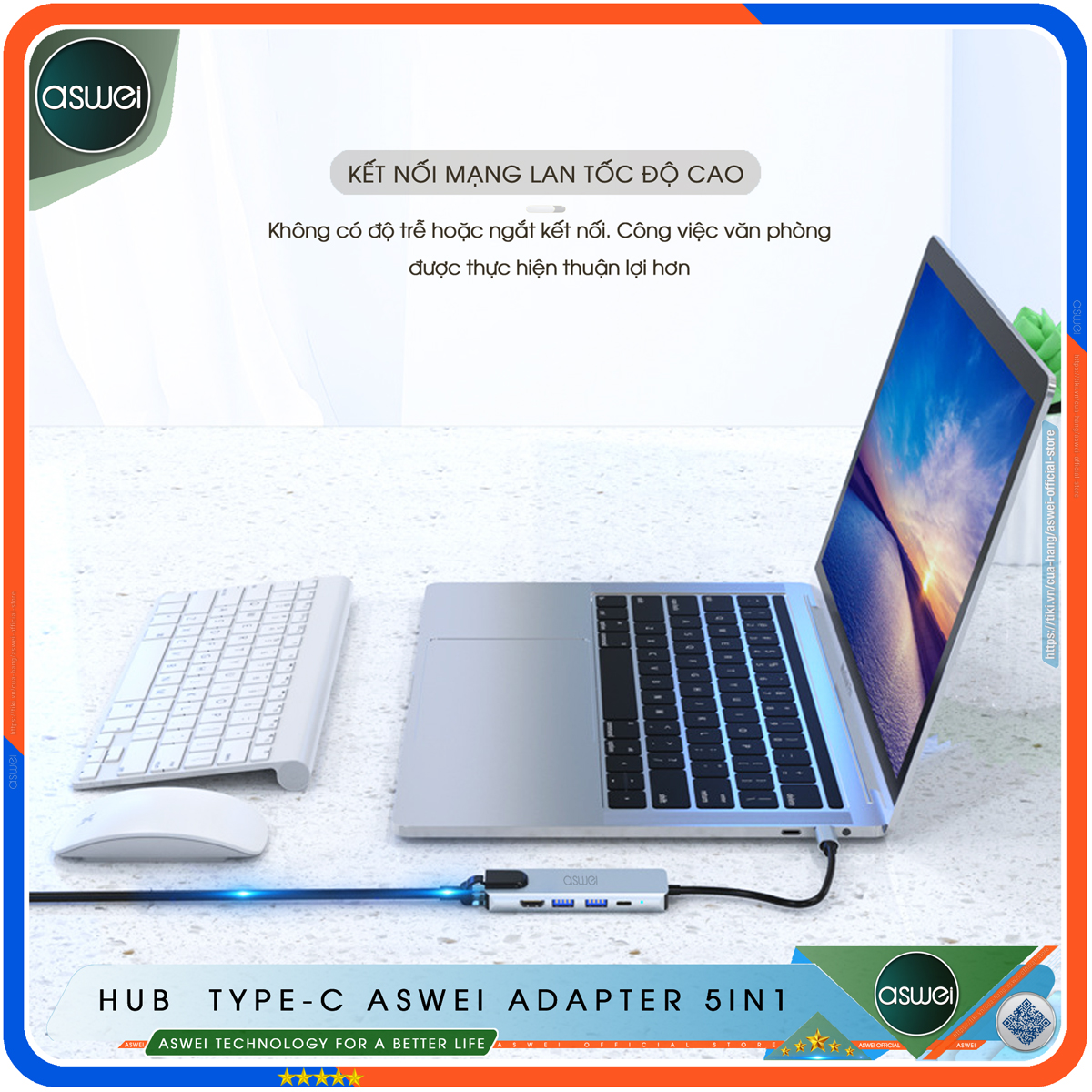 Hub Type C ASWEI 5 in 1 To HDMI, USB 3.0, Lan RJ45, PD 100W - Cổng Chia USB, Ổ Chia USB Tốc Độ Cao - Hub Chuyển Đổi USB Type C 5 Cổng - Hàng Chính Hãng