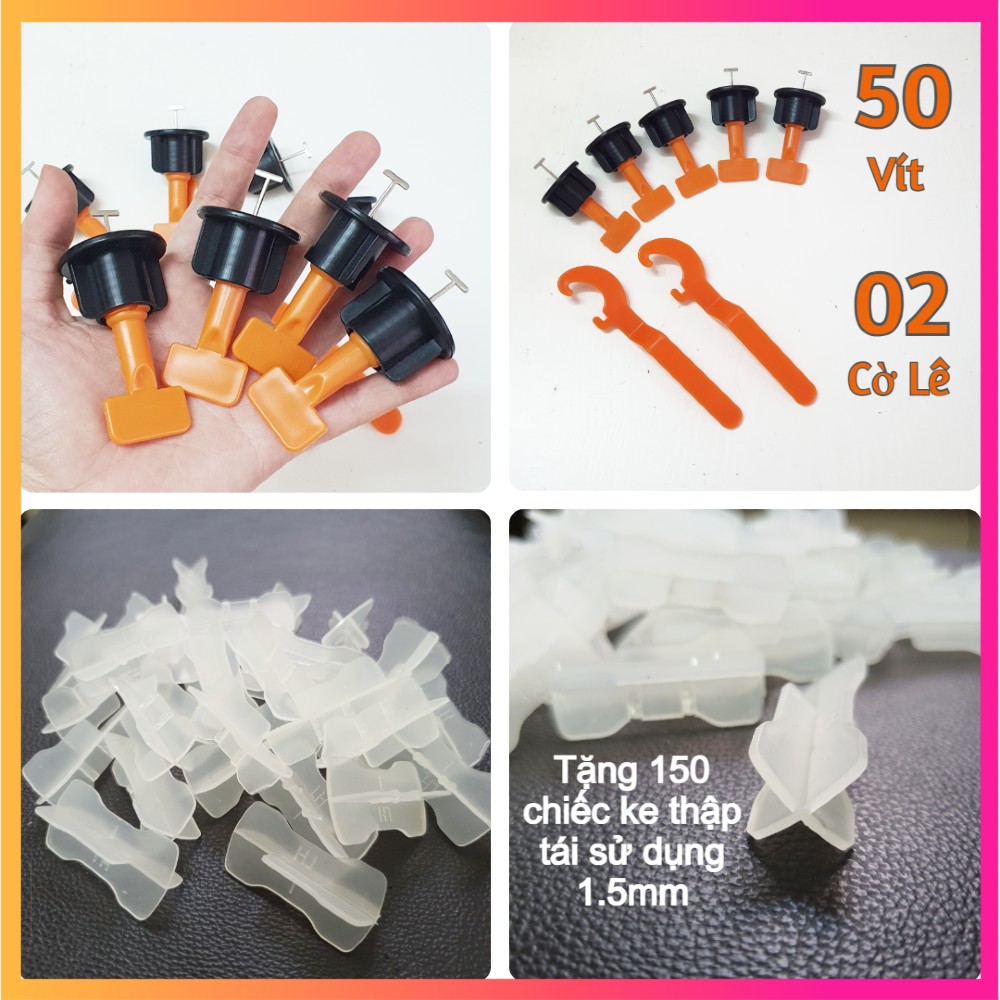Bộ 50 Chiếc Ke Vít Vặn Tái Sử Dụng Kèm 02 Cờ Lê Móc + Tặng 150 Chiếc Ke Thập Tái Sử Dụng Căn Góc Và Mạch 1.5mm