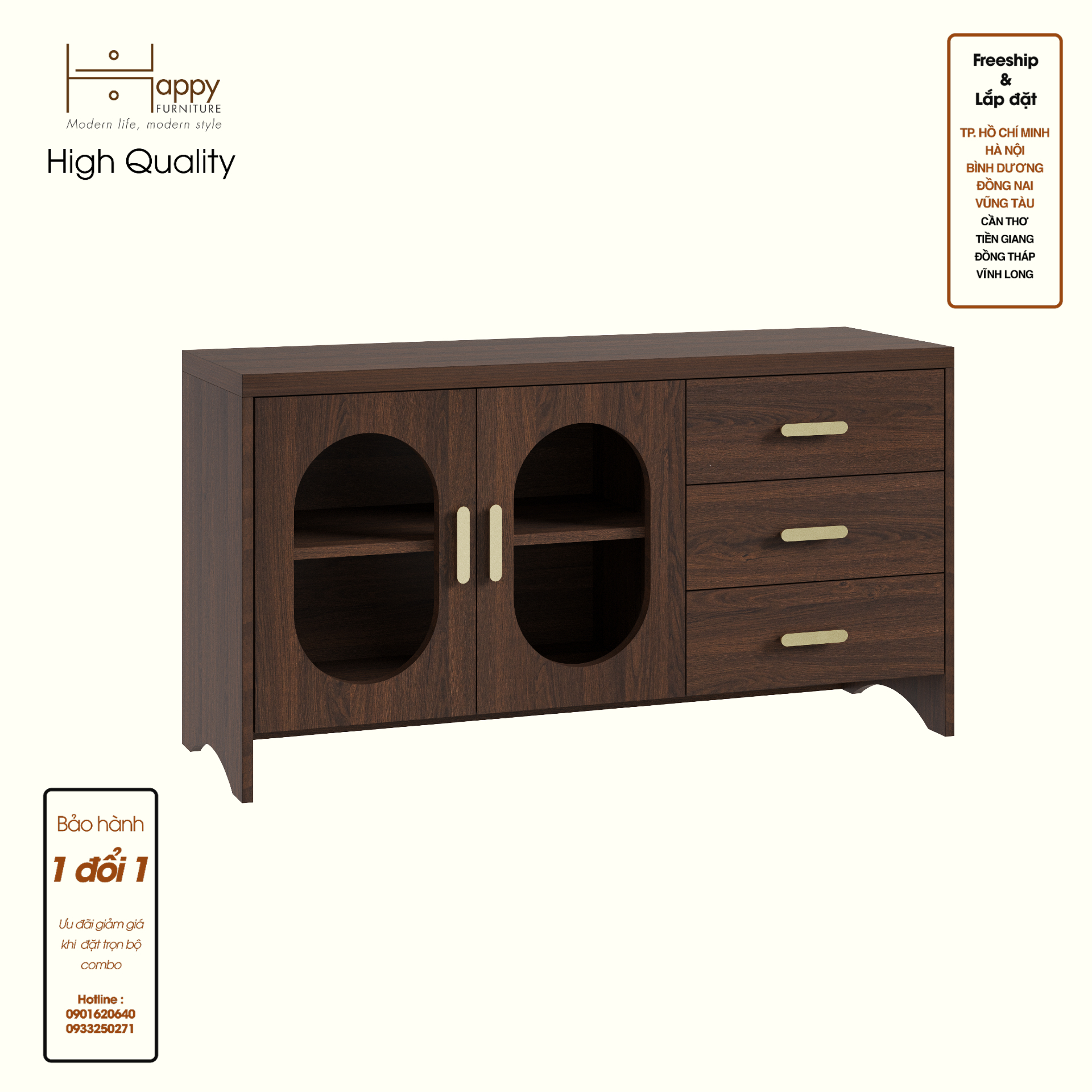 HAPPY FURNITURE , Kệ TV 2 cửa kính 3 ngăn kéo - CHEVY, KTV_077 , 120cm x 40cm x 64cm DxRxC