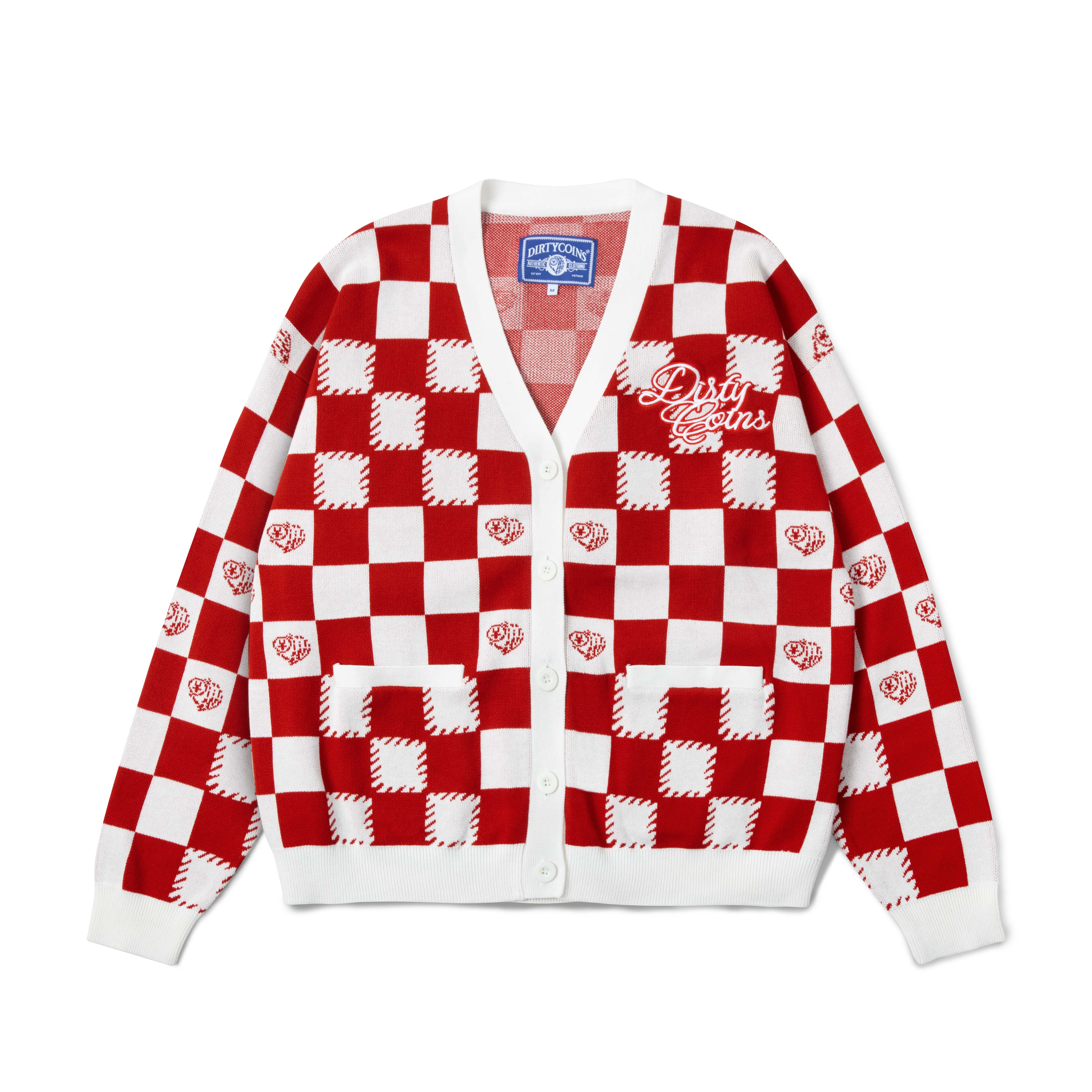 DirtyCoins Áo Khoác Checkerboard Knit Cardigan - Red