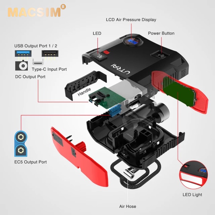 Thiết bị bơm hơi Macsim utrai đa năng 4 trong 1 Bộ kích điện ắc quy xe hơi mini