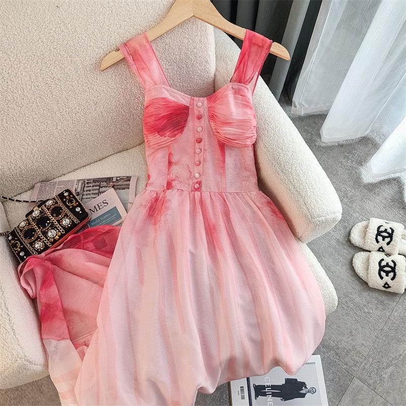 SHUANGYAN Dì hươu Chú Zhuo Bột Halo nhuộm Pháp Vintage xa xỉ Sense Dress Fairy 2023 Mùa xuân và mùa hè