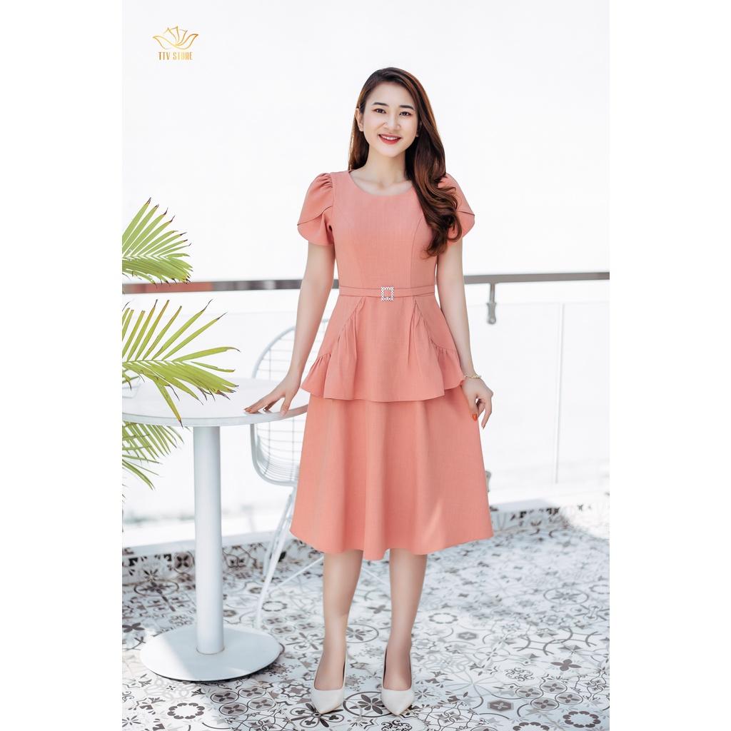 Đầm đi tiệc sang trọng form xoè cổ tròn tay ngắn peplum cam sữa TTV1047