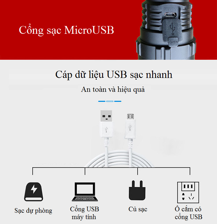 Đèn pin cầm tay mini du lịch, dã ngoại chắc chắn ánh sáng chiếu xa pin sạc M15