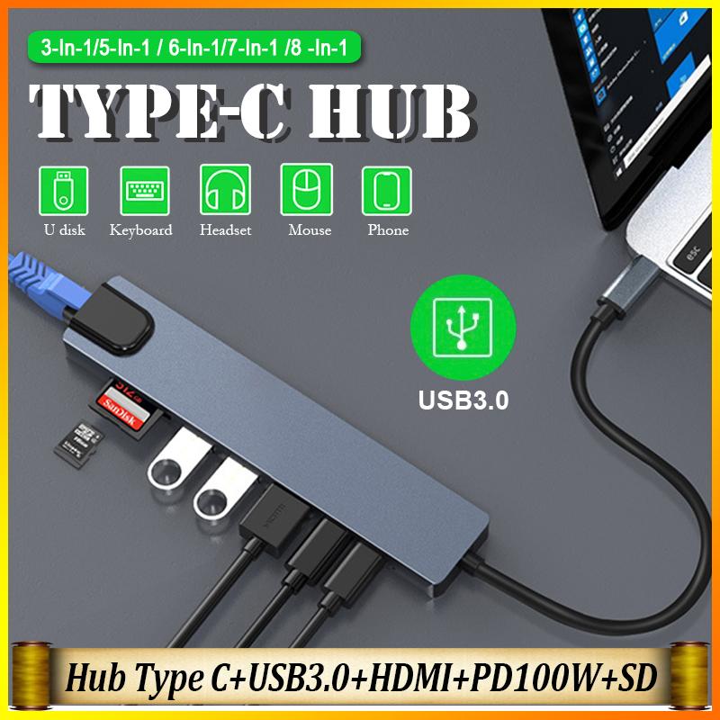 (8 in 1) HUB Type C, USB 3.0 PD100W HDMI Tốc Độ Cao Cổng Chia USB Mở Rộng Kết Nối Chuyển Đổi Cho Laptop Táo Laptop PC