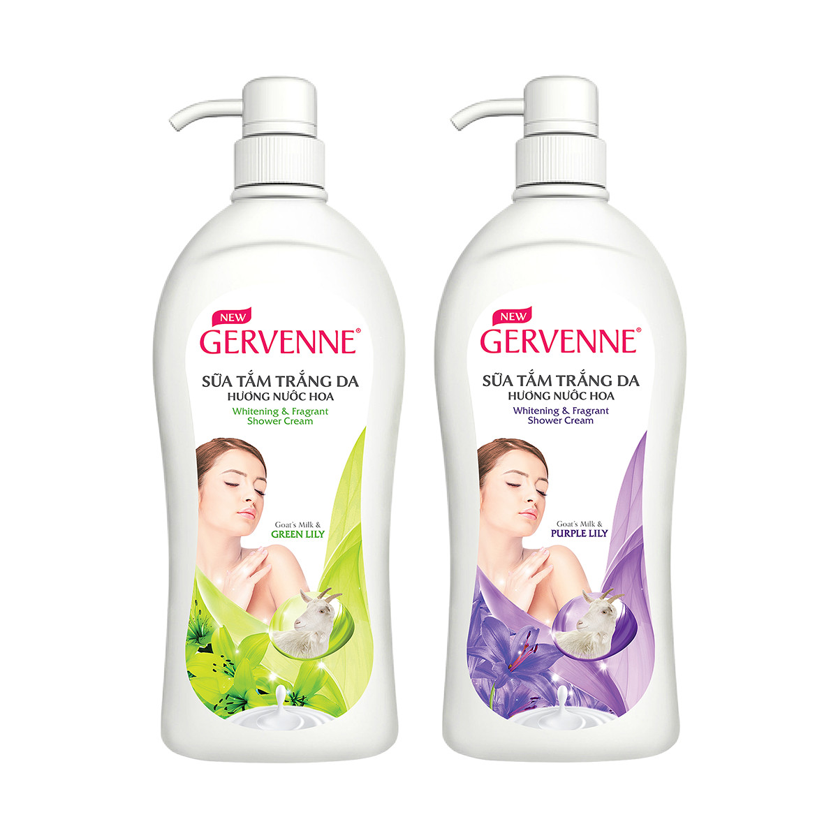 Gervenne Combo 2 Sữa tắm Trắng da Hương nước hoa Lily 900gr/chai (1 Green, 1 Purple)