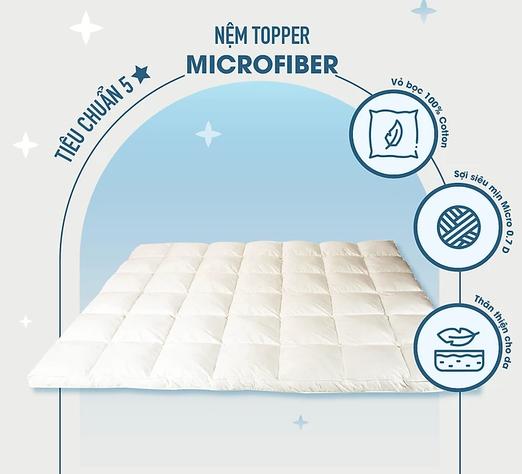 Topper khách sạn 5 sao – Nệm Topper bông Microfiber cao cấp – Tấm làm mềm nệm  - Topper lông vũ nhân tạo