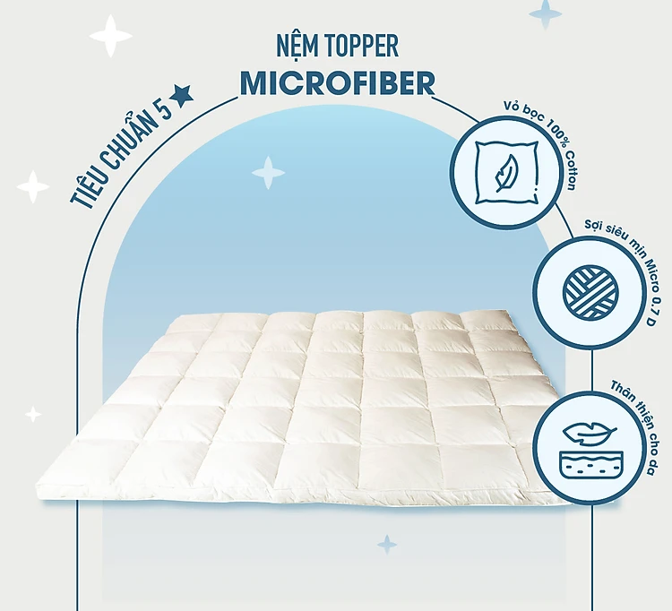 Topper khách sạn 5 sao – Nệm Topper bông Microfiber cao cấp – Tấm làm mềm nệm - Topper lông vũ nhân tạo