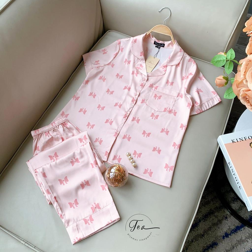 Bộ mặc nhà pyjama lụa cao cấp Tea Store tay dài quần dài họa tiết Tim sang trọng