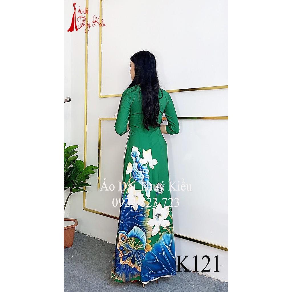 Áo dài in 3D lụa Nhật nền xanh lá in hoa sen K121 ️️ mềm mại, co giãn, thấm hút mồ hôi