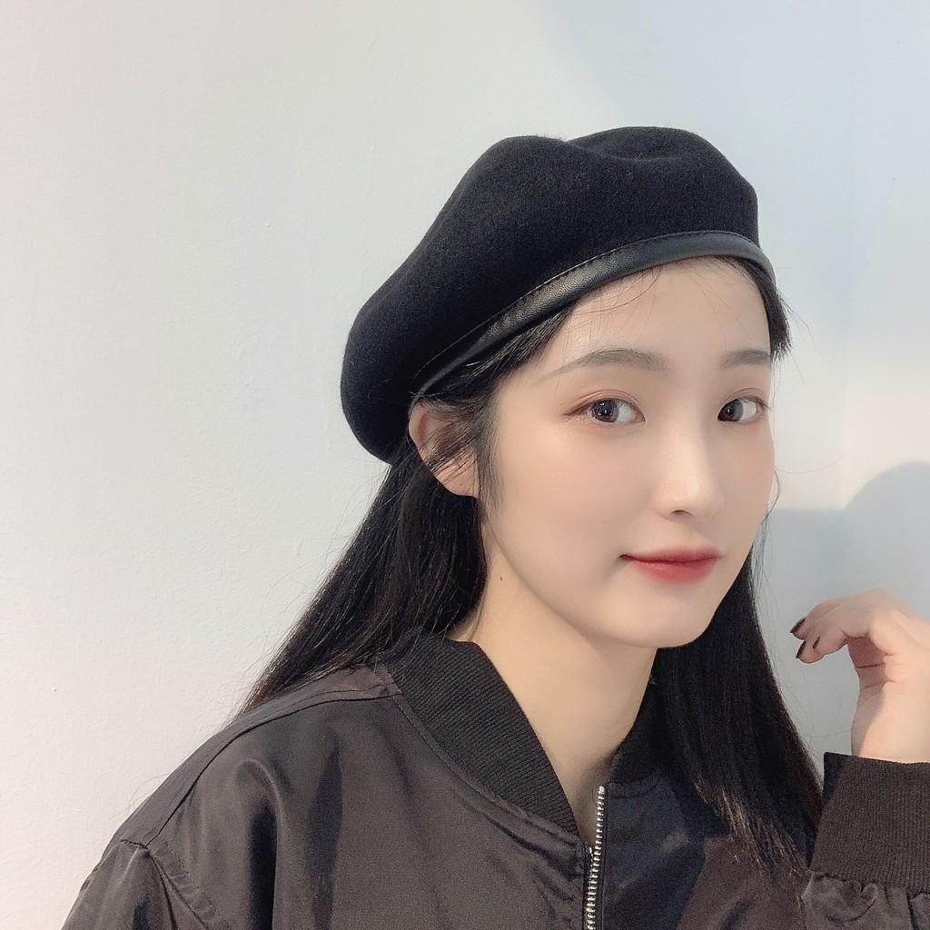 MŨ NỒI BERET NỮ, NÓN NỒI MŨ ULZZANG NÓN BERET DẠ MŨ BERET VIỀN DA CÓ DÂY NỚI CHỈNH