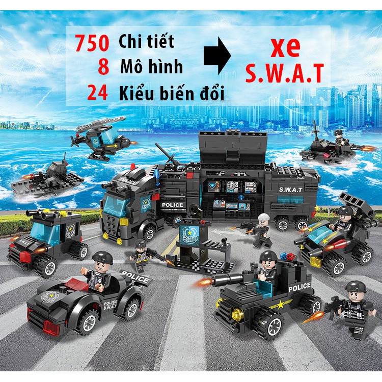 Đồ chơi lắp ráp xếp hình trẻ em bằng nhựa ABS an toàn - Mẫu XE POLICE SWAT biến đổi Thành Máy Bay, Robot Với 750 chi tiết 24 trong 1