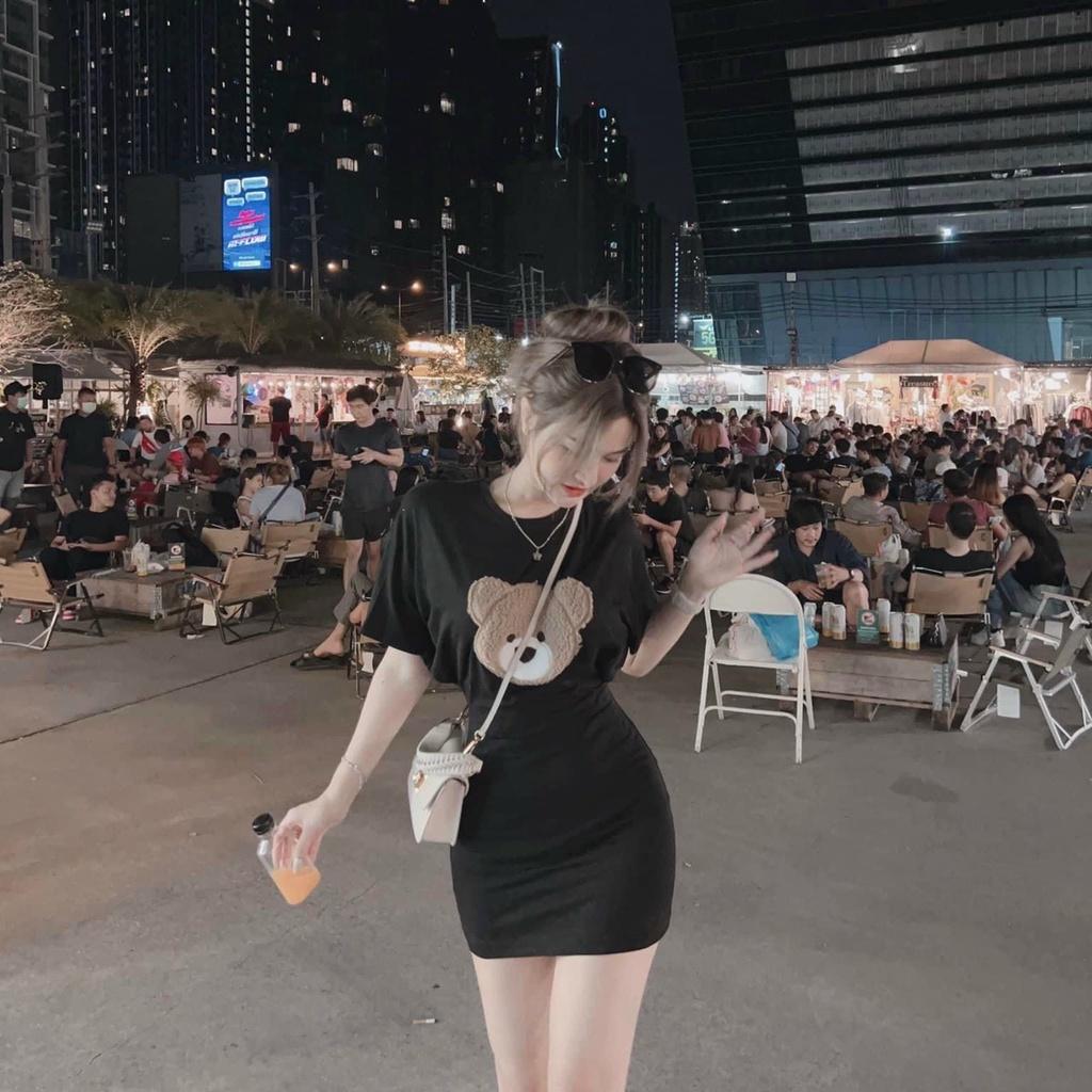 Đầm váy nữ body họa tiết gấu thêu cute dành cho các nàng đi chơi, dạo phố siêu xinh
