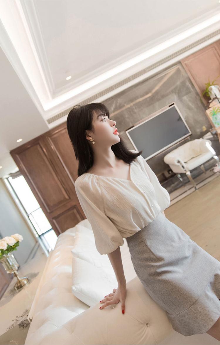 Set áo sơ mi trắng kiểu cổ chữ V và chân váy đuôi cá công sở dự tiệc đi chơi đẹp xinh phong cách Hàn Quốc 2019 DN234
